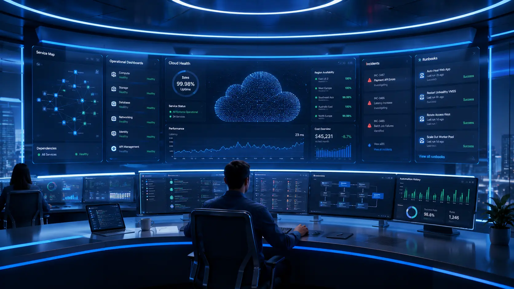 Cloud-Operations-Leitstand mit Monitoring, Servicezustand, Incidents und automatisierten Runbooks