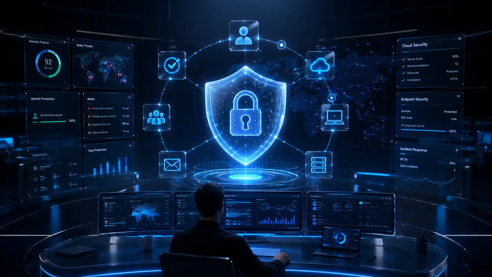 IT-Sicherheitsleitstand mit zentralem Schutzschild für Identitäten, Endgeräte und Cloud-Dienste